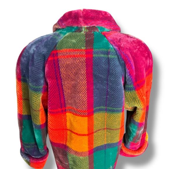 Vintage Donnybrook Rainbow Plaid Faux Fur Coat Colorful Oversized Jacket Large - Picture 9 of 14